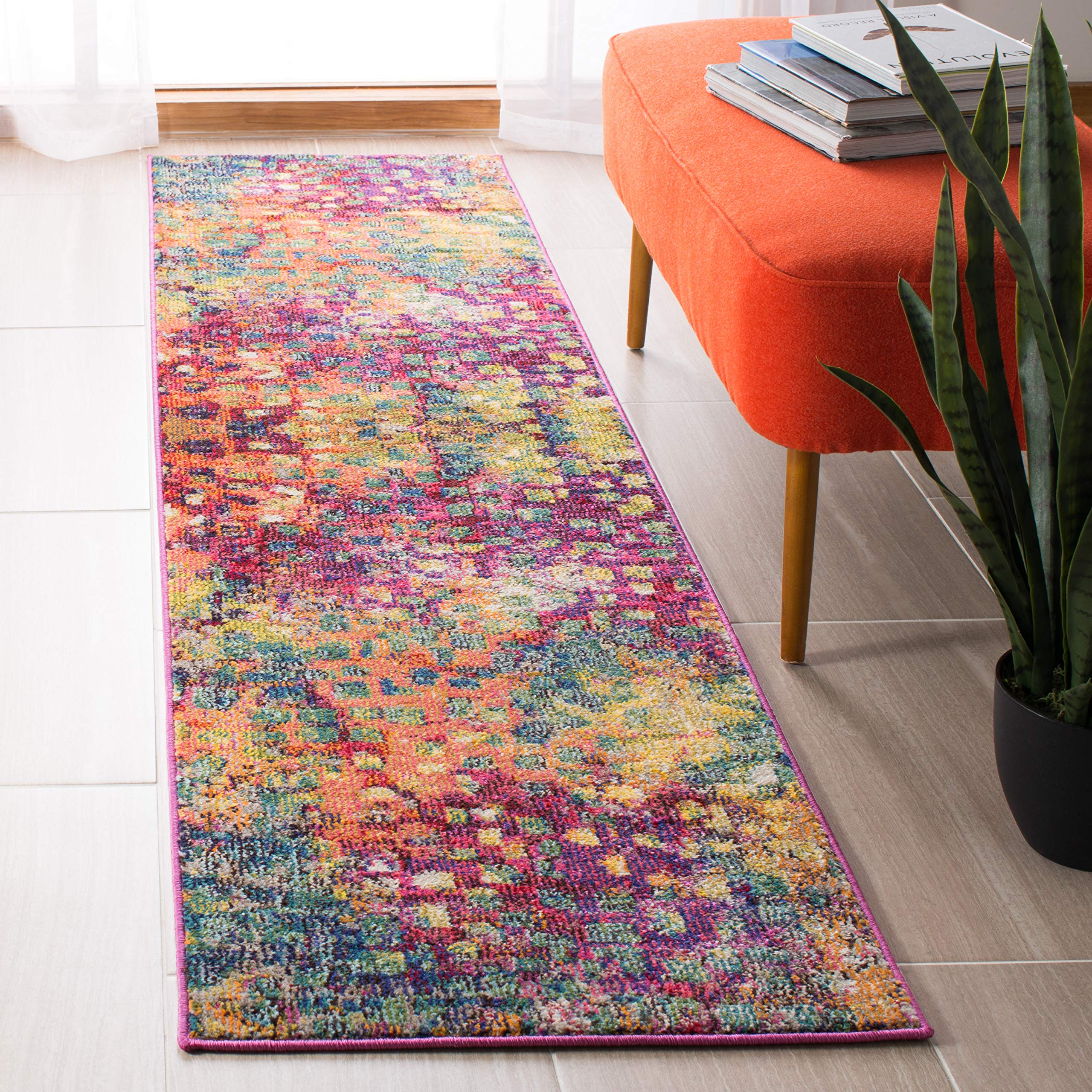 SAFAVIEH Madison Collection Runner Rug - 2'2'' x 12', Fuchsia & Gold, Boho Abstract Distressed Design, Non-Shedding & Easy Care,